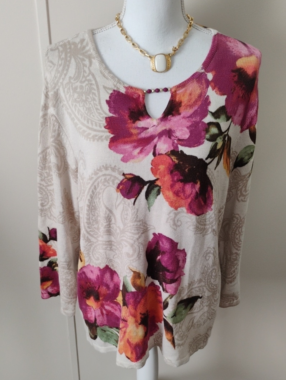 Alfred Dunner Cream Long-Sleeve Top with Pink & Orange Floral